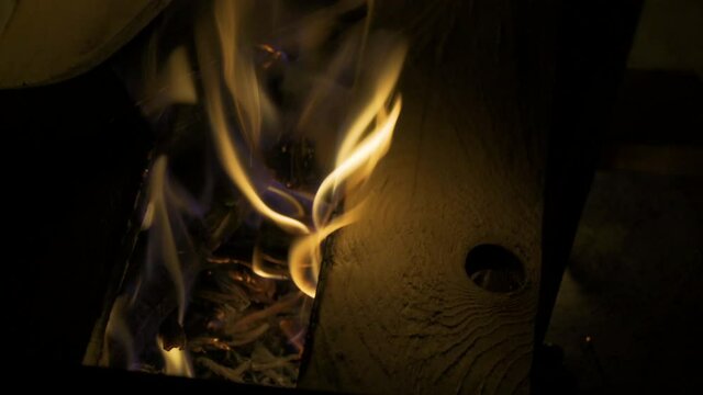 Flames burning fresh wood in bonfire, 4k