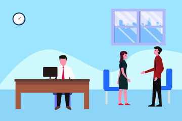 Business partner argument vector concept: business couple arguing in the office while the other businessman working