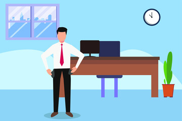 Broke vector concept: businessman showing his empty pocket at office