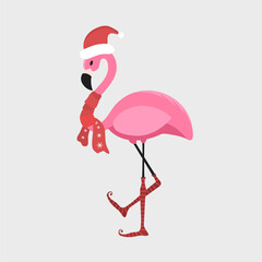 Winter flamingo in Santa hat and scarf. Christmas design for cards, backgrounds, fabric, wrapping paper. Merry Christmas and Happy New Year vertical greeting card. Vector illustration in flat style.