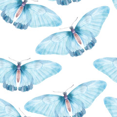 Watercolor seamless pattern. Colorful butterfly on white background. Hand drawn illustration