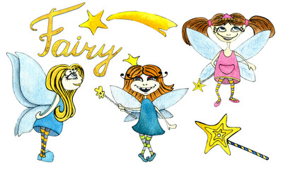 Watercolor hand painted colorful happy fairy set