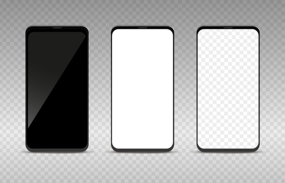 Realistic smartphone mockup set. Black white and transparent blank mobile phone template, cellphone display front view collection, digital device screen vector illustration