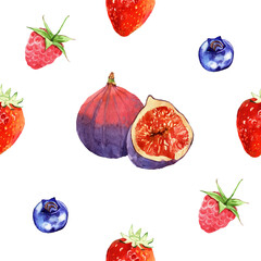 Seamless pattern illustration with with figs, strawberries, raspberries and blueberries isolated on  white background