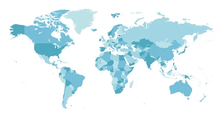 Foto op Canvas Wereldkaart. Zeer gedetailleerde kaart van de wereld met gedetailleerde grenzen van alle landen in blauwe kleuren. vector illustratie © gt29