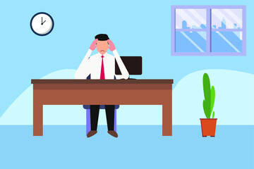 Overwork vector concept: Stressed businessman rubbing his head while working in his office