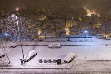 panoramic view of the city of Teruel during a snowfall