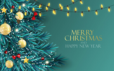 Naklejka na ściany i meble Holiday New Year and Merry Christmas Background with realistic Christmas tree. Vector Illustration