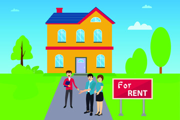 House for rent vector concept: couple talking to real estate agent happily about renting a house