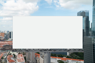 Blank white road billboard with Singapore cityscape background at day time. Street advertising poster, mock up, 3D rendering. Front view. The concept of marketing communication to promote. © VideoFlow