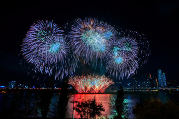 Beautiful Fire works show and reflection on the river,