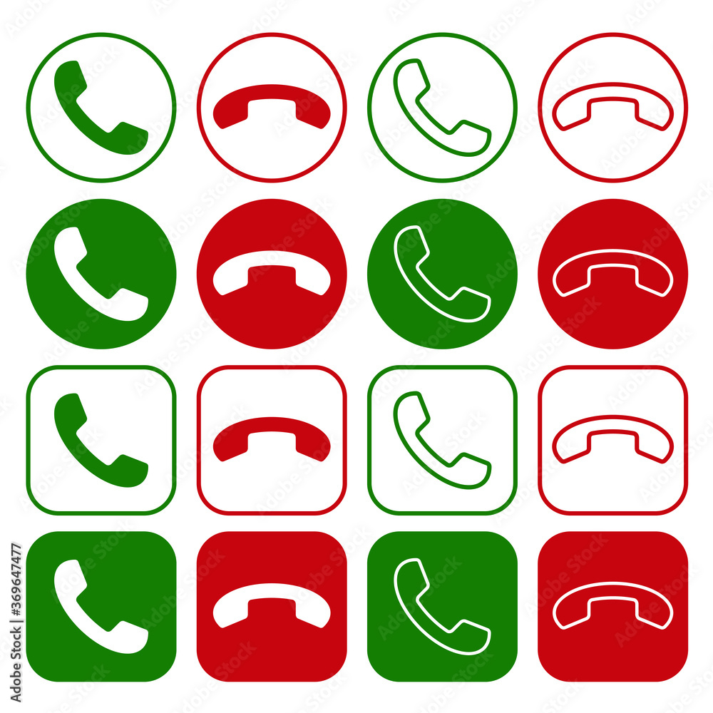 Poster phone icon set. call application symbol collection. green and red button. flat interface sign. simpl