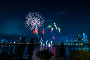 Beautiful Fire works show and reflection on the river,