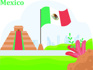 Mexico Independence Day vector concept: Chichen Itza pyramid site besides Mexico national flag at the hills