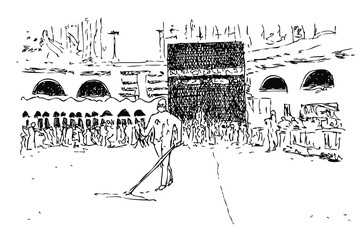 Vector Manual sketch of Kaaba in Mecca Saudi Arabia While Disifectant Cleaning During Covid-19 Pandemic, Isolated on White
