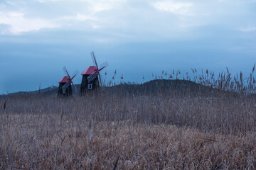 The beautiful landscape of windmill town in the early morning at dawn.