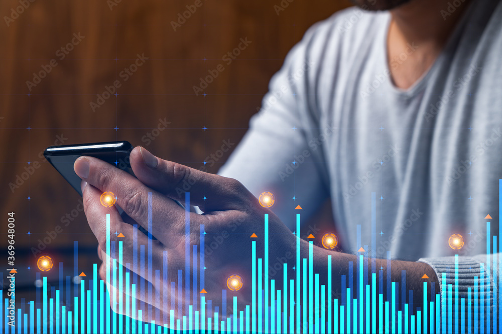 Poster man using phone. hands typing smartphone. double exposure with chart hologram. close up. financial g