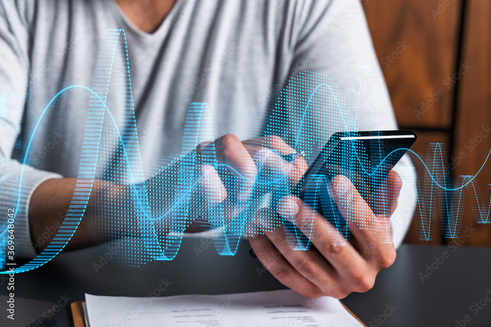 Poster man using phone. hands typing smartphone. double exposure with chart hologram. close up. financial g