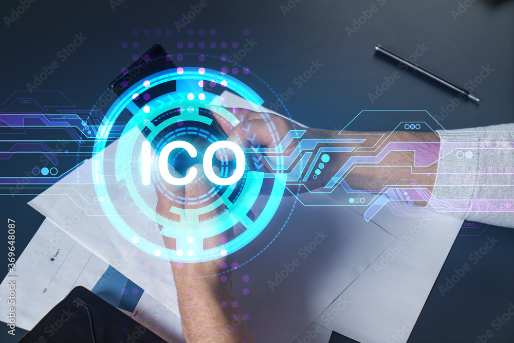 Poster man using phone. hands typing smartphone. double exposure with ico hologram. close up. financial gra