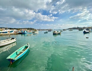 Naklejka na ściany i meble Marsaxlokk fishing village Malta country island Mediterranean Sea landscape travel pictures