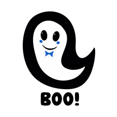 Cute boy ghost with blue bow tie and boo word. Halloween greeting card. Isolated on white background. Vector stock illustration.