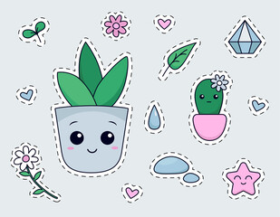 Kawaii house plants stickers pack on blue background. Cute plants in pots, cactus, leaves, little flowers, hearts, stones and florarium, crystals Vector stock illustration for web and print.