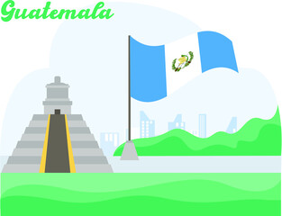 Naklejka premium Guatemala Independence Day vector concept: Tikal pyramid site besides Guatemala national flag at the hills