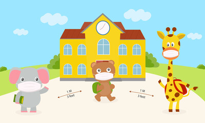 Elephant, bears and giraffes wear mask are walking to school new normal concept. Set cute animal wearing a mask to prevent germs in school. Bear and giraffes carrying bags. An elephant holding a book
