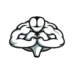 Brain  intellect power. Extreme intelligence  high IQ concept. Brain with strong double biceps. Vector illustration  flat design  cartoon style. Isolated on white background.