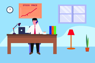 Stock broker works from home vector concept: businessman calling someone while working at his home