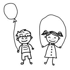 Beautiful hand-drawn vector illustration of a pair of children a boy and a girl isolated on a white background for coloring book