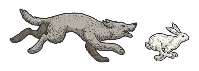 Wolf chasing hare sketch raster illustration