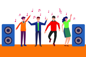 Music performance vector concept: group of happy young people singing and dancing together next to loud speakers