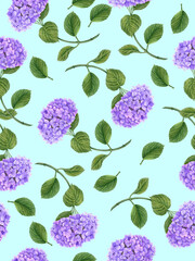 Seamless floral pattern with Hydrangea flower with green leaves. Watercolor botanical illustration on a light blue background