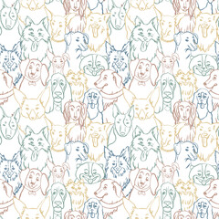 Dogs seamless vector pattern. Illustration with bulldog, bobtail, dachshund, bullterrier, doberman, spitz, chihuahua