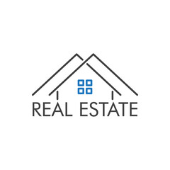 Concepto Real Estate. Logotipo lineal casa formada por tejados en azul y gris