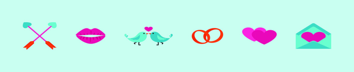 set of valentine icons. birds, arrow, lips, ring, heart and more isolated vector on blue