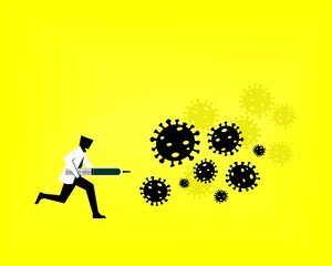 Silhouette doctor fighting against virus with injection. Covid-19 vaccination symbol concept. Illustration vector