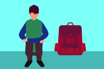 Depressed teenager vector concept: teenager sitting and hugging his knees coldly besides a backpack
