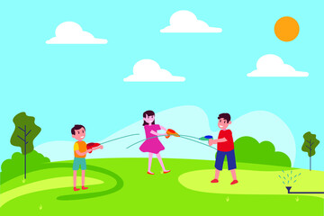 Obraz na płótnie Canvas Summer fun vector concept: three children spraying each other with water guns