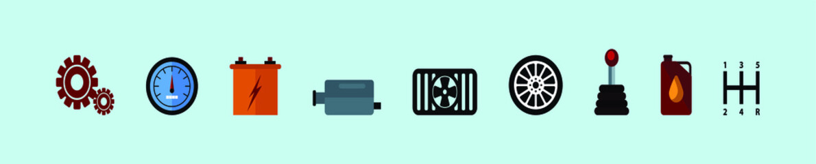 realistic car part and element icon set. wheel, battery and more isolated vector illustration on blue