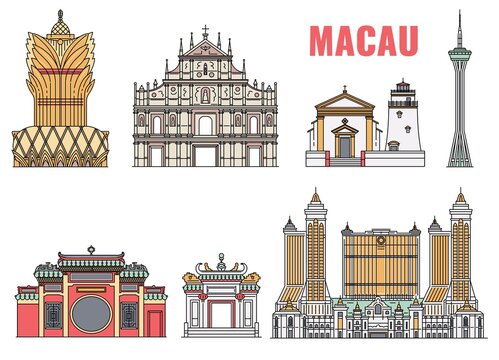 Landmark Macau building icon set isolated on white background
