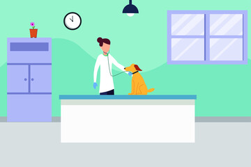 Veterinary vector concept: female veterinarian examining a bloodhound with the stethoscope