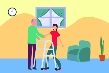 Elderly Caregiver vector concept: Young woman holding the old man's hand and helping him walking with the walker tool