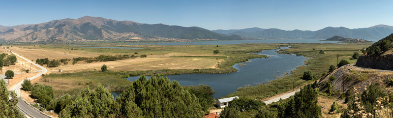 Panoramic view of the natural Small Prespa Lake (northwest Greece, Macedonia) and mountains