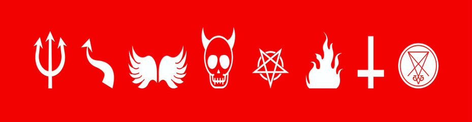 symbol of devils set. trident, fire and more isolated vector on red