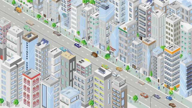 city landscape Animated city. City isometric style with cars roads looped animation. rounded video. Architecture Megalopolis
