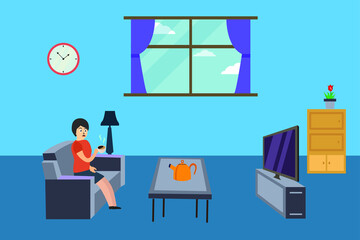 Relaxing at home vector concept: woman drinking coffee/tea while watching television