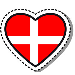 Flag Denmark heart sticker on white background. Vintage vector love badge. Template design element. National day. Travel sign.