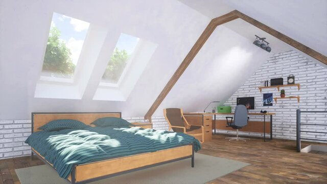 Bathed in sunlight interior of cozy modern bedroom in attic room with double bed and small studio or home office on background at daytime. With no people realistic 3D animation rendered in 4K